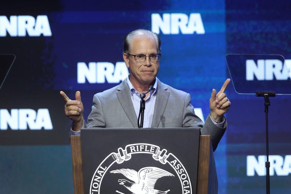 Senator Mike Braun (R-IN) speaks to guests at the 2023 NRA-ILA Leadership Forum on April 14, 2023 in Indianapolis, Indiana.