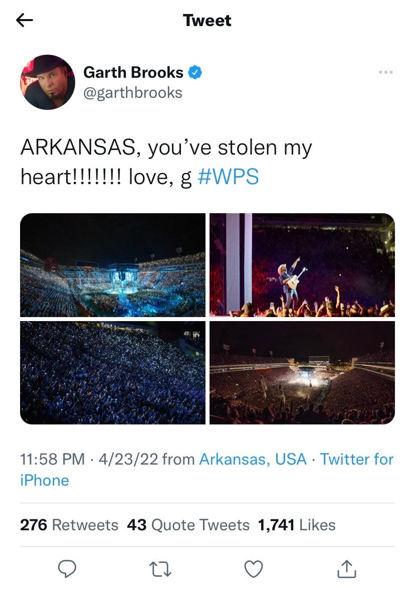 Garth Brooks tweets following his record-breaking concert at Donald W. Reynolds Razorback Stadium.