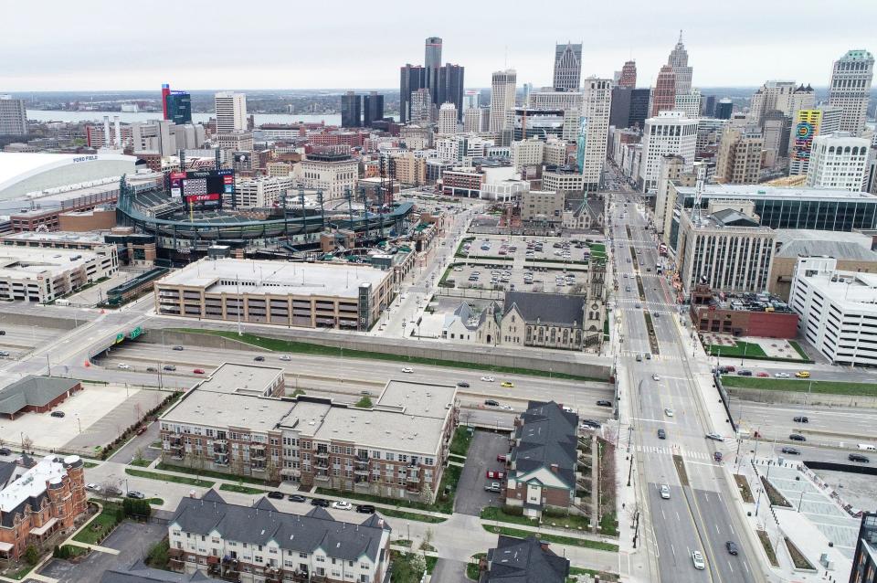 Drone photo of downtown Detroit skyline, Thursday, April 25, 2019. 
