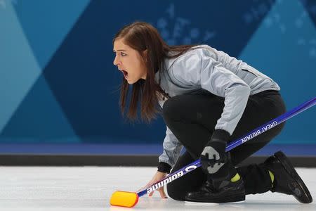 Curling - Pyeongchang 2018 Winter Olympics - Women's Round Robin - Britain v Canada - Gangneung Curling Center - Gangneung, South Korea - February 21, 2018 - Skip Eve Muirhead of Britain shouts. REUTERS/Phil Noble