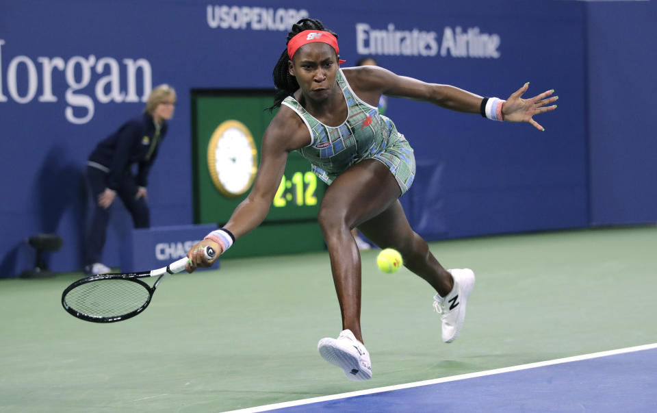 Coco Gauff, of the United States, chases down a shot from Timea Babos, of Hungary, during the second round of the U.S. Open tennis tournament in New York, Thursday, Aug. 29, 2019. (AP Photo/Charles Krupa)