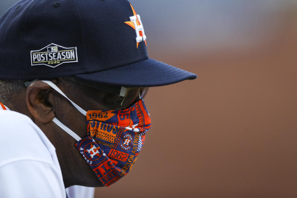 SAN DIEGO, CA - OCTOBER 13:  Dusty Baker manager of the Houston Astros looks on from the dugout during Game 3 of the ALCS between the Tampa Bay Rays and the Houston Astros at Petco Park on Tuesday, October 13, 2020 in San Diego, California. (Photo by Alex Trautwig/MLB Photos via Getty Images)