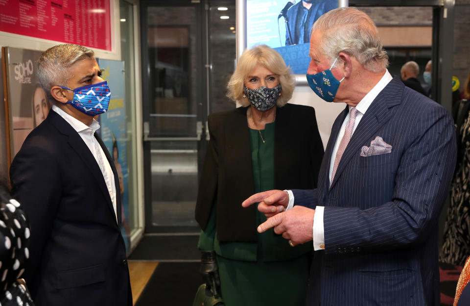 LONDON, ENGLAND - DECEMBER 03: Camilla, Duchess of Cornwall and Prince Charles, Prince of Wales wear face masks as they speak to Mayor of London Sadiq Khan (L) during their visit to Soho Theatre to celebrate London's night economy on December 03, 2020 in London, England. (Photo by Chris Jackson - WPA Pool/Getty Images)