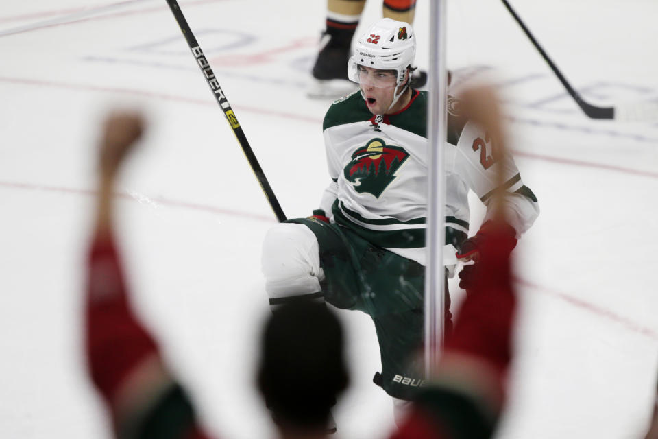 Minnesota Wild left wing Kevin Fiala, of Switzerland, reacts after scoring against the Anaheim Ducks during the overtime period of an NHL hockey game in Anaheim, Calif., Sunday, March 8, 2020. (AP Photo/Alex Gallardo)