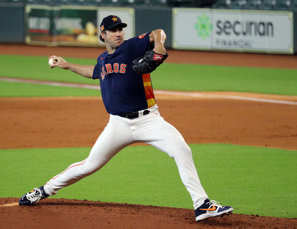 HOUSTON, TEXAS - JULY 19: Justin Verlander #35 of the Houston Astros pitches during an intrasquad game as they continue with Summer Workouts at Minute Maid Park on July 19, 2020 in Houston, Texas. (Photo by Bob Levey/Getty Images)