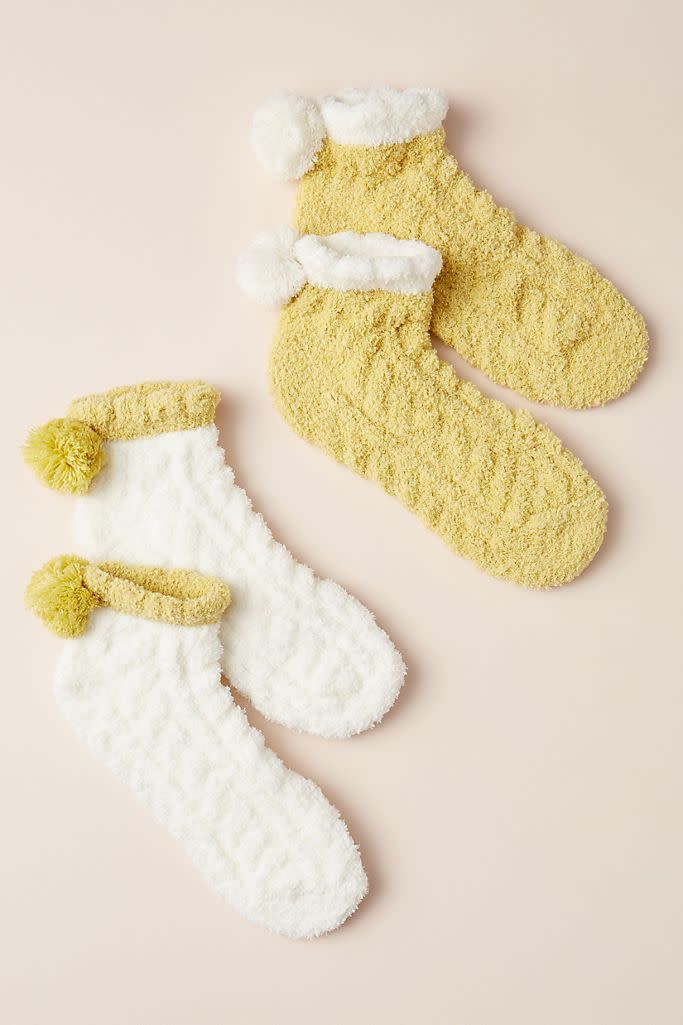 Pommed Cable-Knit Socks