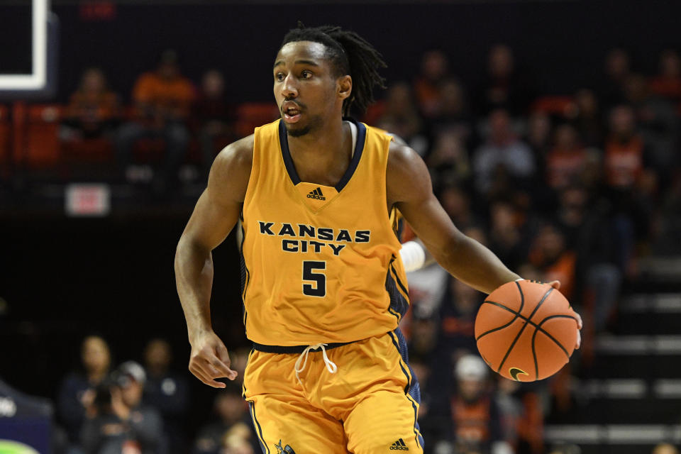 Kansas City's Shemarri Allen advances the ball during the second half of an NCAA college basketball game Illinois, Friday, Nov. 11, 2022, in Champaign, Ill. (AP Photo/Michael Allio)