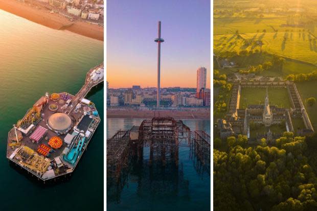 The Argus: Hugo has also captured images from Brighton and Sussex, including Brighton Palace Pier (left), the West Pier and i360, and St Hugh's Charterhouse in Cowfold: credit - @hugohealy