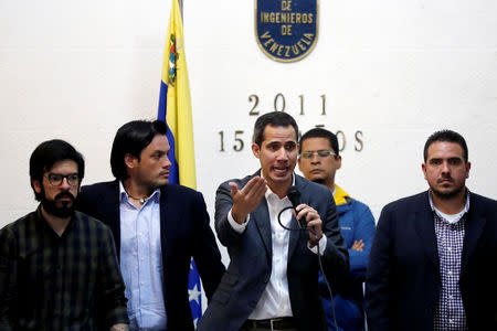 Venezuelan opposition leader Juan Guaido, who many nations have recognized as the country's rightful interim ruler, speaks during the meeting with public employees in Caracas, Venezuela March 5, 2019. REUTERS/Carlos Jasso