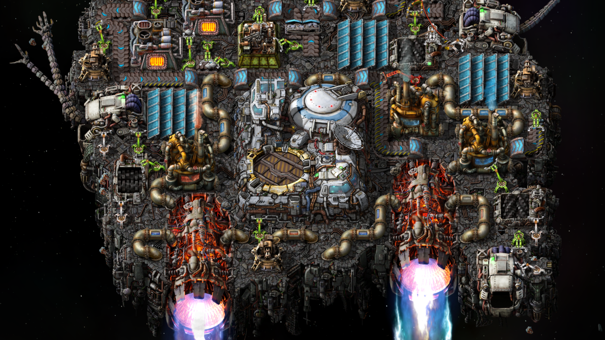  A space platform composed of many and varied parts in the game factorio. 