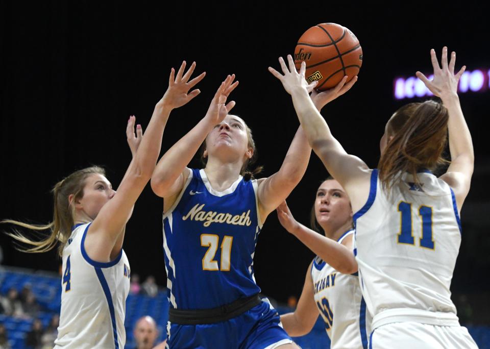 Nazareth's Brooklyn Birkenfeld attempts to shoot a field goal against Huckabay in the UIL Class 1A girls championship basketball game, Saturday, March 4, 2023, at the Alamodome in San Antonio.