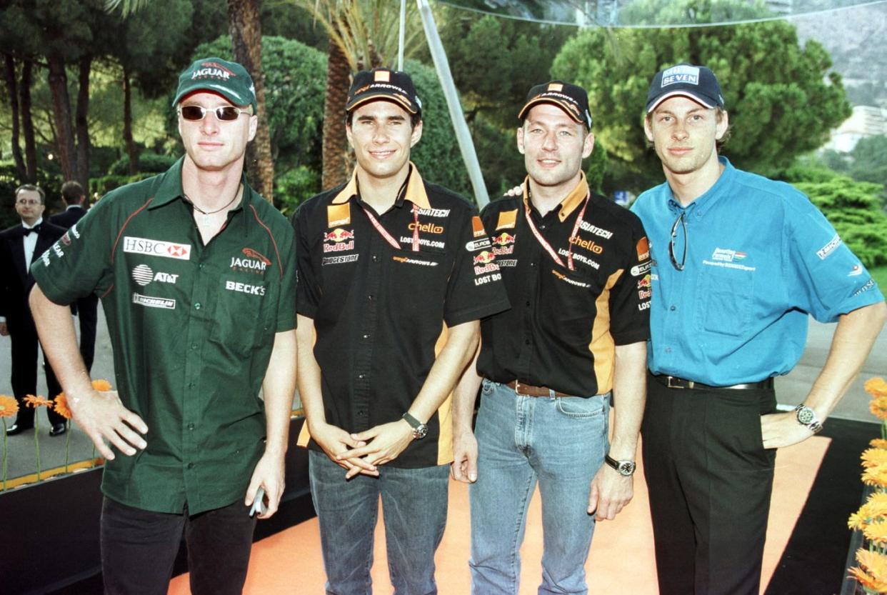 26 may 2001 formula drivers left to right eddie irvine, enrique bernoldi, jos verstappen and jenson button at the formula one grand prix ball, the monte carlo sporting club, monte carlo mandatory credit clive masonallsport