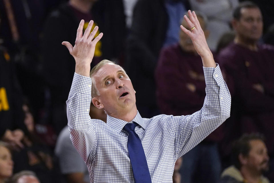 Arizona State coach Bobby Hurley argues a call during the first half of the team's NCAA college basketball game against UCLA on Wednesday, Jan. 17, 2024, in Tempe, Ariz. (AP Photo/Ross D. Franklin)