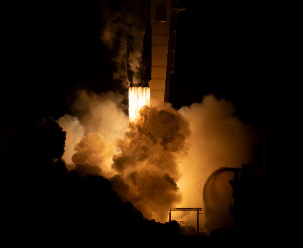 In this handout provided by (NASA), A SpaceX Falcon 9 rocket carrying the company's Crew Dragon spacecraft is launched on NASA's SpaceX Crew-4 mission to the International Space Station on April 27, 2022 at the Kennedy Space Center in Cape Canaveral, Florida.