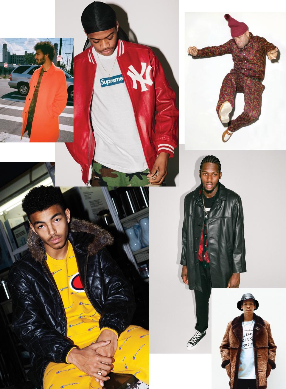 Clockwise from top left: Sage Elsesser in orange Loro Piana wool trench coat, fall-winter 2018; Tyshawn Jones in leather Yankees varsity jacket, spring-summer 2015; Mark Gonzales in paisley shirt and pants, fall-winter 2013; Will Jones in Schott leather trench, fall-winter 2019; Lucien Clarke in Schott shearling jacket, fall-winter 2013; Sage Elsesser in Champion sweatsuit, fall-winter 2013.