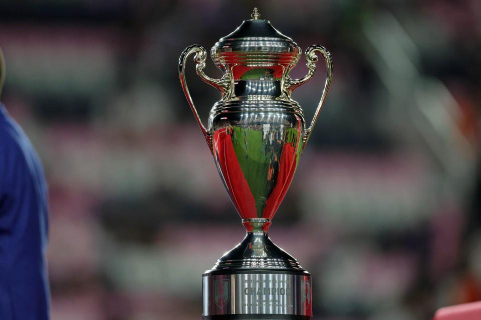 Sep 27, 2023; Fort Lauderdale, FL, USA; A detail view of the Lamar Hunt U.S. Open Cup Final trophy after the game between Inter Miami CF and the Houston Dynamo at DRV PNK Stadium. Mandatory Credit: Nathan Ray Seebeck-USA TODAY Sports