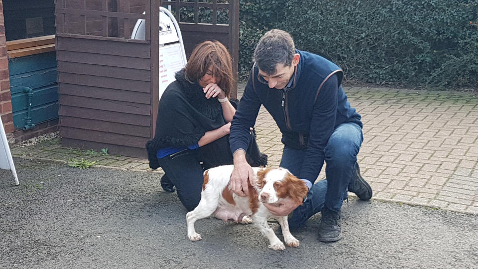 Simon Hall and his wife Caroline were reunited with their pet pooch Bonnie who was stolen six years ago. (SWNS)