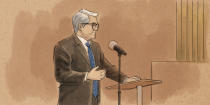 In this courtroom sketch, Robert Paule, attorney for former Minneapolis police officer Tou Thao makes his opening statement during the trial of Thao and former Minneapolis police officers Thomas Lane and J. Kueng are charged with violating George Floyd's civil rights before U.S. District Judge Magnuson on Monday, Jan. 24, 2022 in St. Paul, Minn. Floyd, a Black man, was killed May 25, 2020 when Derek Chauvin pressed his knee against Floyd's neck as Floyd, who was handcuffed, said he couldn't breathe. (Cedric Hohnstadt via AP)