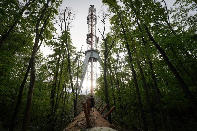 A view of the television tower, broken in half after it was hit by a Russian missile in Kharkiv, Ukraine, Monday, April 22, 2024