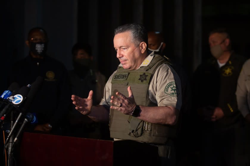 LYNWOOD, CA - SEPTEMBER 12: Sheriff Alex Villanueva holds a press conference outside the emergency room of St. Francis Medical Center where two L.A. County sheriff's deputies are being treated for after being shot and gravely injured in attack captured on Saturday, Sept. 12, 2020 in Lynwood, CA (Jason Armond / Los Angeles Times)