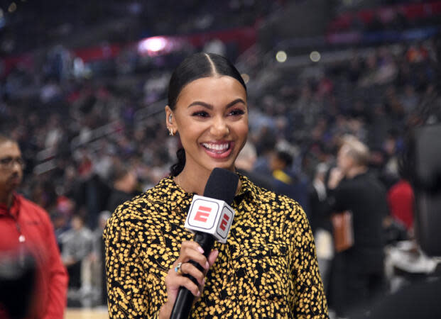 Malika Andrews, ESPN sideline reporter, during the Denver Nuggets and Los Angeles Clippers games at Crypto.com Arena on January 13, 2023 in Los Angeles, California. | Photo by Kevork Djansezian/Getty Images