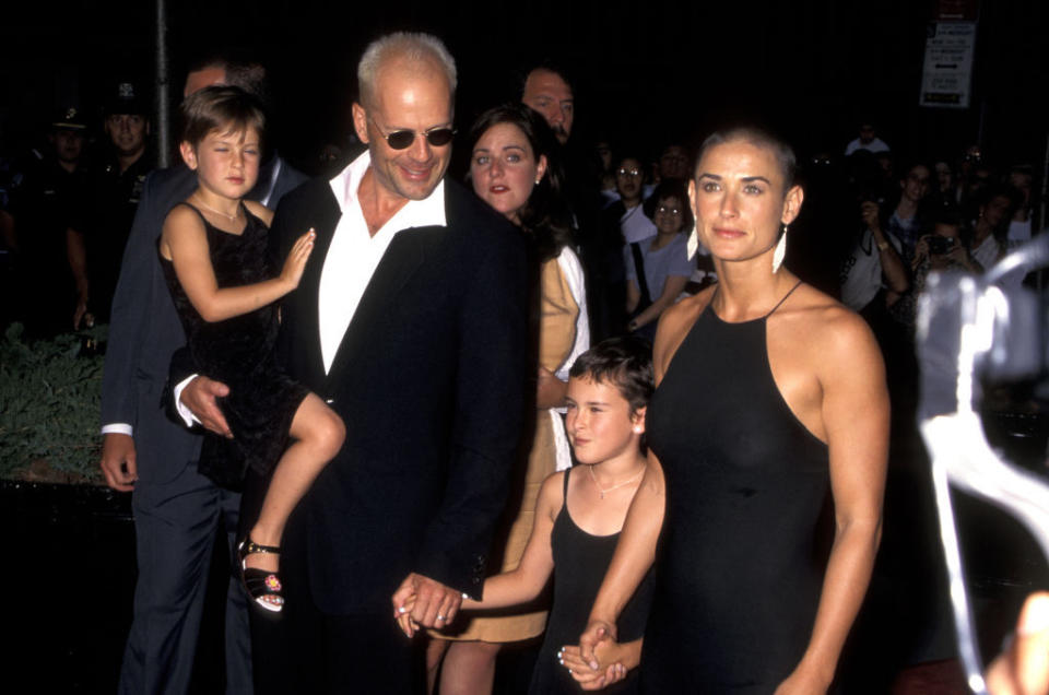 Bruce Willis, Demi Moore and daughters Scout Rumer Willis attend the "Striptease" New York City Premiere on June 23, 1996<span class="copyright">Ron Galella Collection via Getty Images</span>