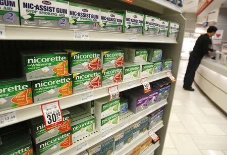 Boxes of Nicorette, nicotine gum used to aid people in quitting smoking, is seen in a pharmacy in Toronto January 31, 2008. REUTERS/Mark Blinch