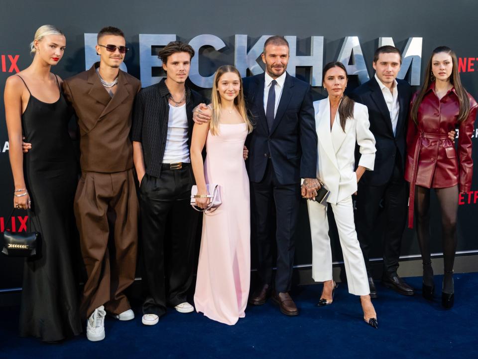 Mia Regan, Romeo Beckham, Cruz Beckham, Harper Beckham, David Beckham, Victoria Beckham, Brooklyn Beckham and Nicola Peltz attend the Netflix 'Beckham' UK Premiere at The Curzon Mayfair on October 03, 2023 in London, England.