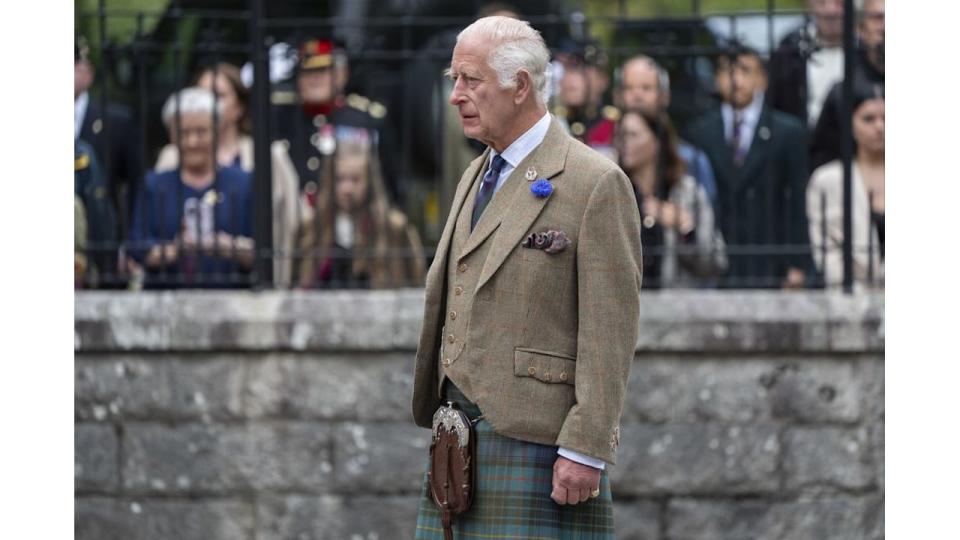 King Charles III during the National Anthem before inspecting the Balaklava Company, 5th Battalion, The Royal Regiment of Scotland