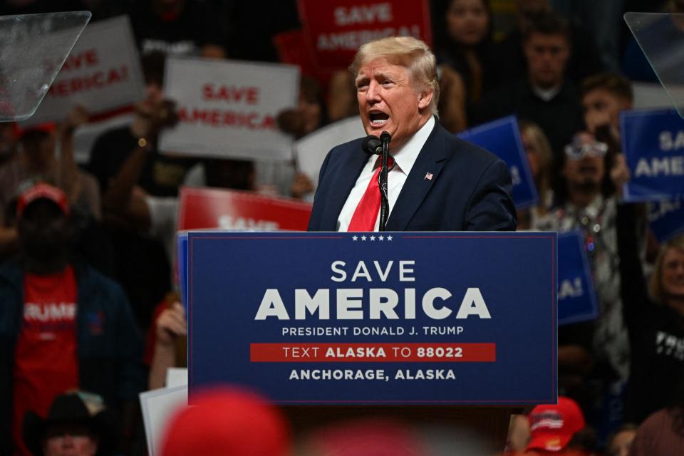 Former US President Donald Trump speaks during a "Save America" in Anchorage, Alaska on July 9, 2022