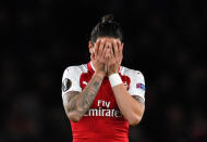 <p>Soccer Football – Europa League Semi Final First Leg – Arsenal vs Atletico Madrid – Emirates Stadium, London, Britain – April 26, 2018 Arsenal’s Hector Bellerin reacts after the game REUTERS/Dylan Martinez </p>