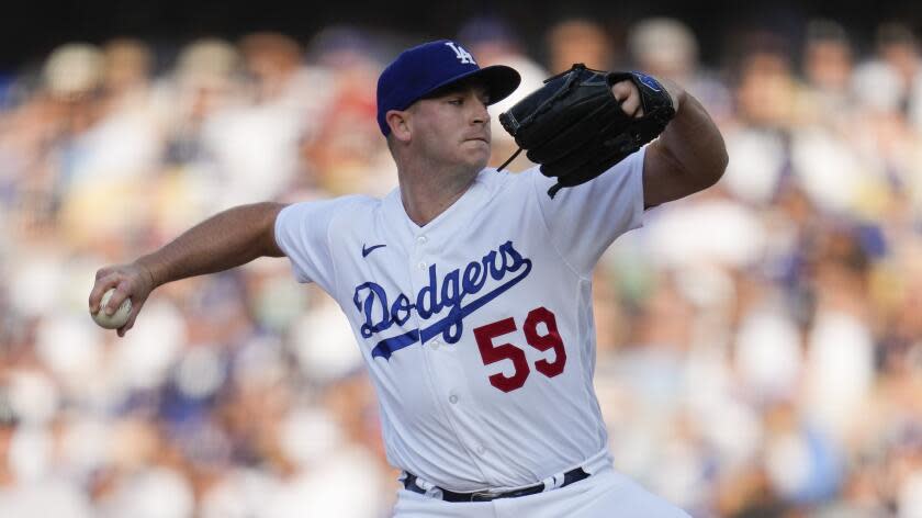 Dodgers relief pitcher Evan Phillips throws against the New York Yankees on June 4, 2023, in Los Angeles.