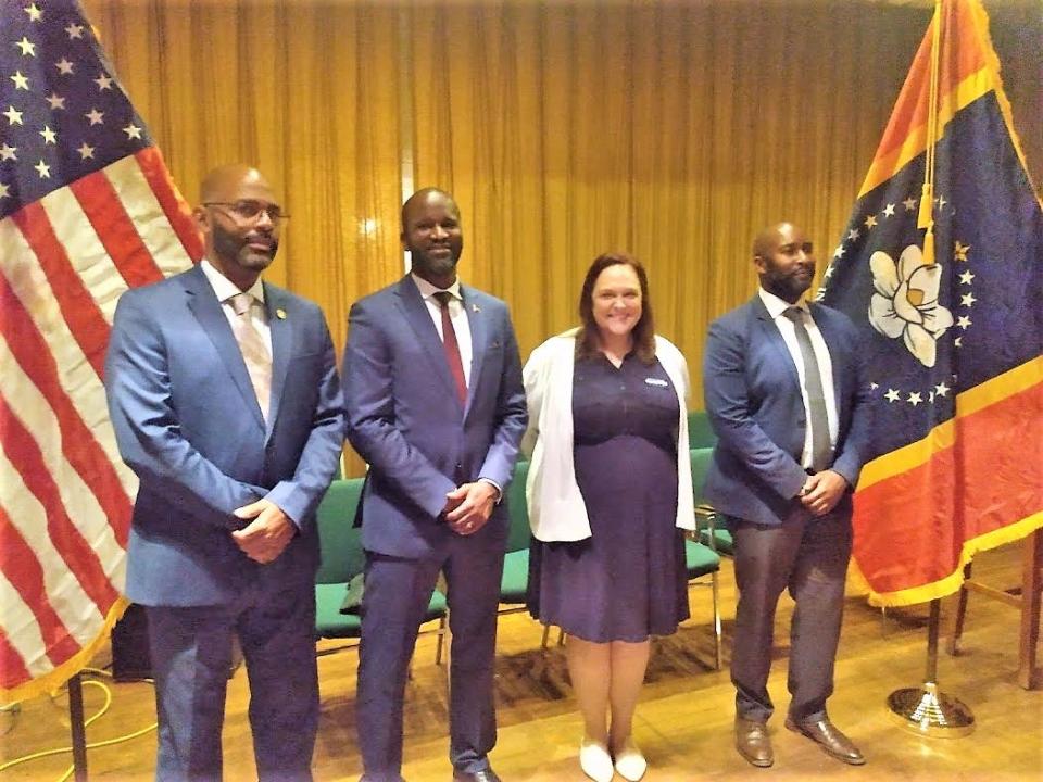 Democratic candidates participating in the Yazoo City forum April 29 included, from left, De’Keither Stamps, who is running for Central District Public Service Commissioner; Ty Pinkins, running for United States Senator; Greta Kemp Martin running for Attorney General; and Shuwaski Young, running for Secretary of State.