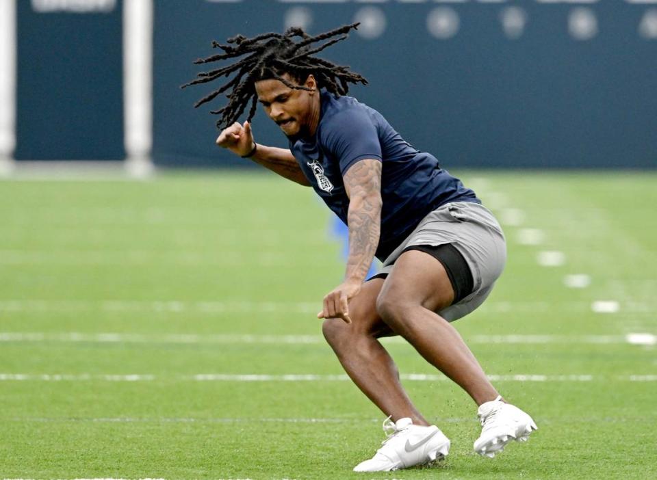 Linebacker Curtis Jacobs runs a skill test during Penn State’s Pro Day on Friday, March 15, 2024 in Holuba Hall.