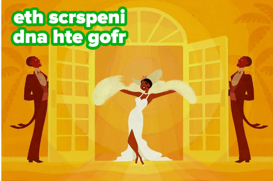 a photo of Tiana in her restaurant from her musical number with the scrambled word "eth scrspeni dna hte gofr" overlayed on top