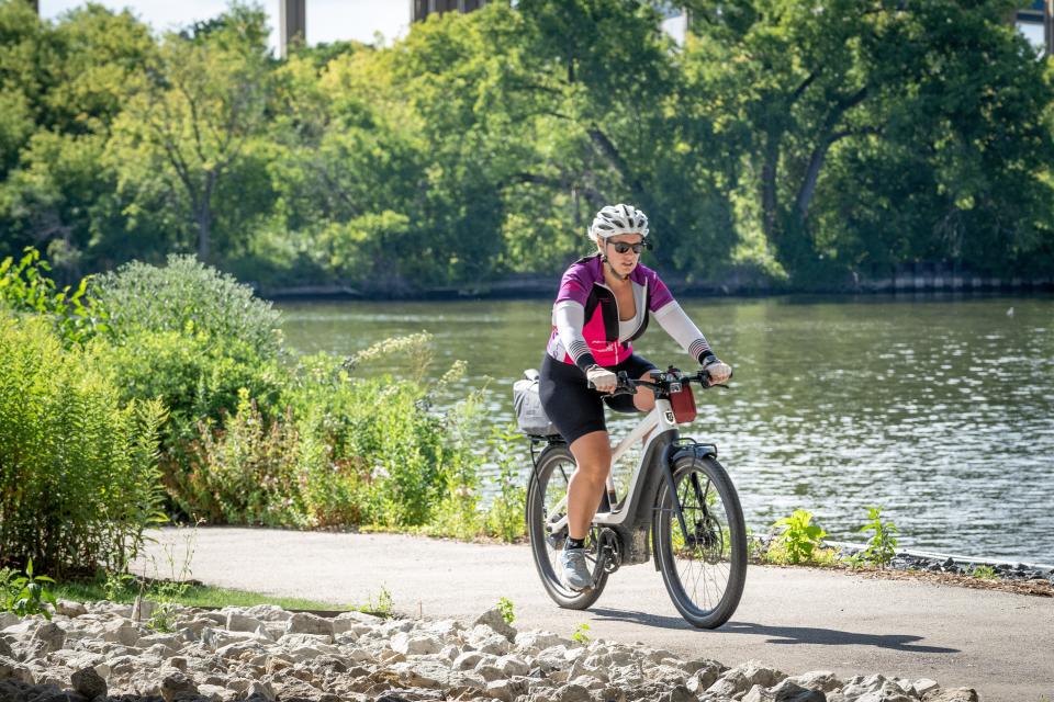 Emily Carman, of Muskego, was one of two e-bike riders to complete Ride Across Wisconsin last weekend.
Photo by Dave Schlabowske.