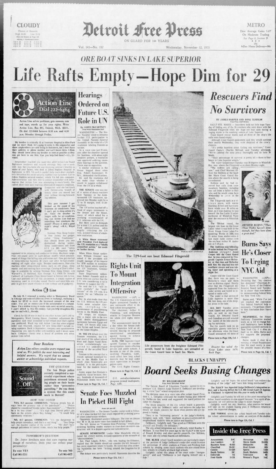 Stories about the Great Lakes freighter Edmund Fitzgerald were on the front page of Detroit Free Press' Nov. 12, 1975 edition. The ship disappeared on Nov. 10 on Lake Superior and was later found hundreds of feet underwater. There were no survivors reported.