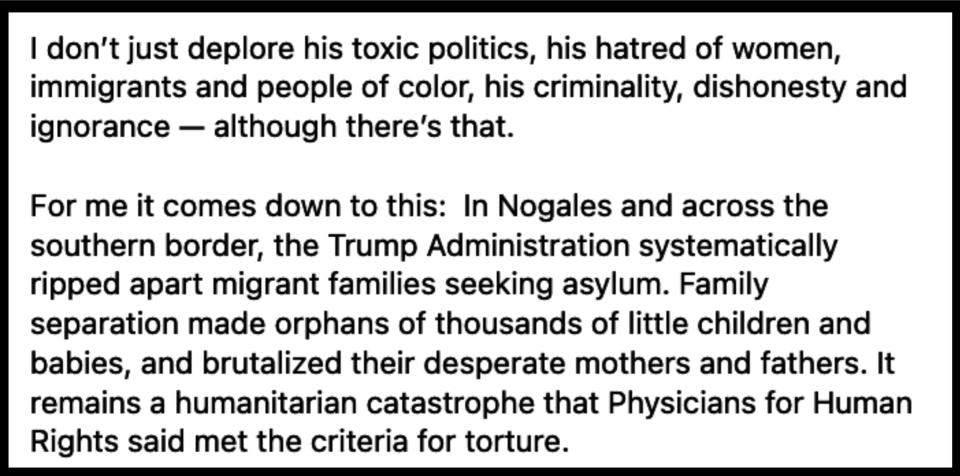 Summary of the text: A critical opinion piece discusses the policies of the Trump administration, especially family separations at the southern border, and describes them as inhumane and torturous.