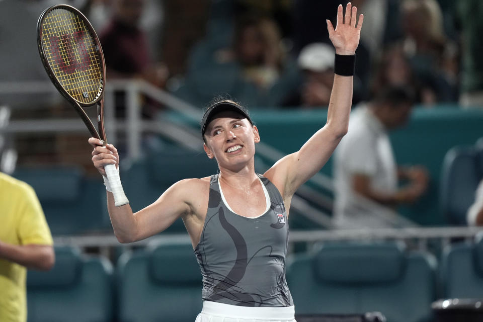 Ekaterina Alexandrova of Russia waves after defeating Jessica Pegula at the Miami Open tennis tournament, Wednesday, March 27, 2024, in Miami Gardens, Fla. (AP Photo/Marta Lavandier)