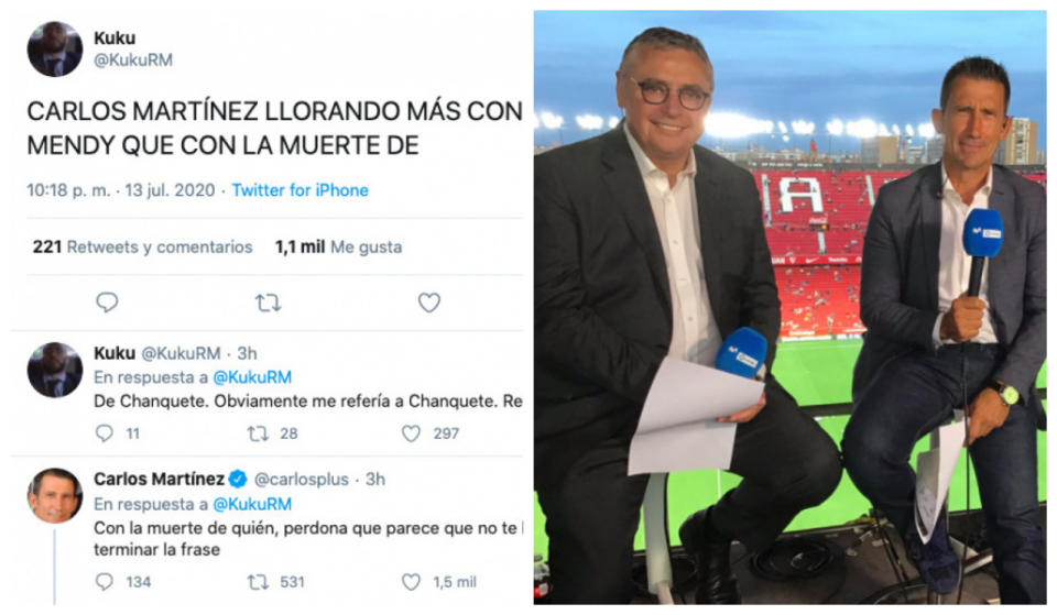 Uno de los tuits de burla por la muerte de Michael Robinson y, a la derecha, el propio comentarista inglés junto a Carlos Martínez (Imagen 1: Twitter/@KukuRM; Imagen 2: Twitter/@carlosplus)