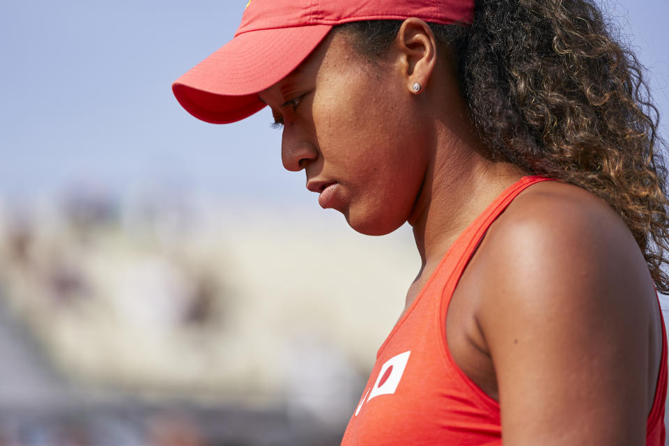 Naomi Osaka of Japan looks dejected during her match against Sara Sorribes of Spain during the 2020 Fed Cup Qualifier between Spain and Japan at Centro de Tenis La Manga Club on February 07, 2020 in Cartagena, Spain. (Photo by Quality Sport Images/Getty Images)