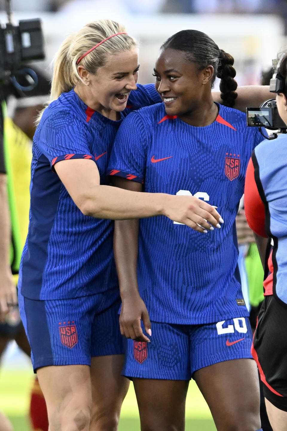 United States midfielder Lindsey Horan, left, celebrates with forward Jaedyn Shaw after their team defeated Colombia during an international friendly soccer match Sunday, Oct. 29, 2023, in San Diego. The U.S. won 3-0. (AP Photo/Alex Gallardo)