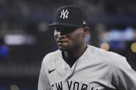 New York Yankees starting pitcher Domingo German walks to the dugout after the third inning of the team's baseball game agains the Toronto Blue Jays on Tuesday, May 16, 2023, in Toronto. (Chris Young/The Canadian Press via AP)