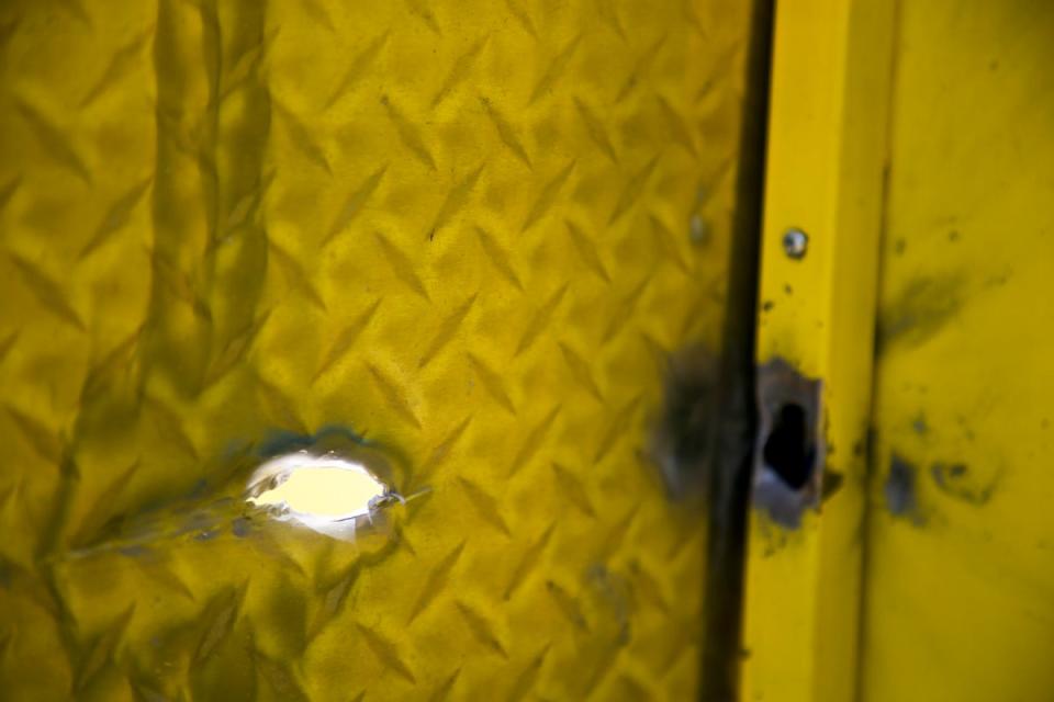 Bullet holes in the Country Queen food truck at the scene of a fatal shooting that happened at a Memorial Day event on 29 May (AP)