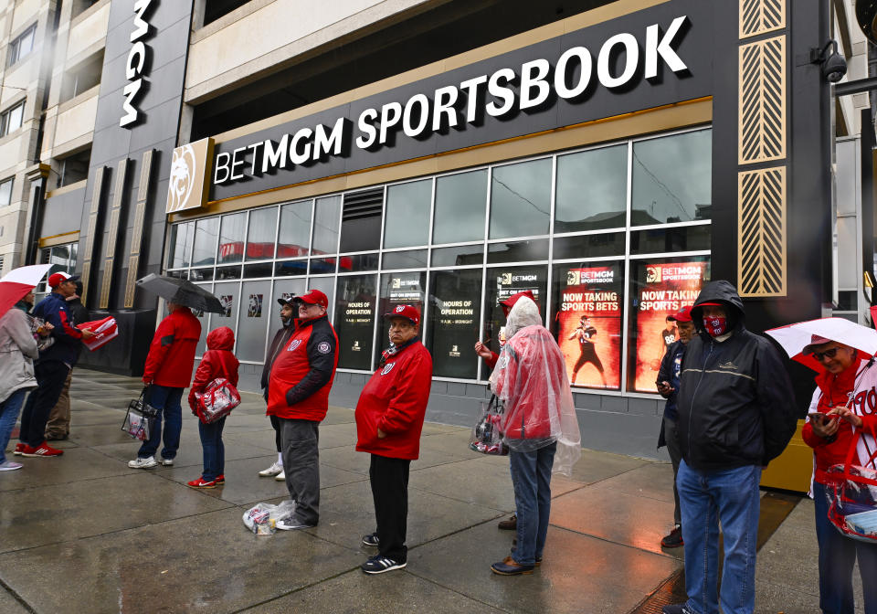 Fans wait to enter stadium next to BetMGM sportsbook before the game between the Washington Nationals and the New York Mets at Nationals Park in DC on April 7, 2022. (Photo: Brad Mills-USA TODAY Sports)