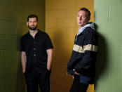 Harrison Mills, left, and Clayton Knight of ODESZA pose for a portrait at Angel of the Winds Arena on Monday, July 18, 2022, in Everett, Wash. (AP Photo/Lindsey Wasson)