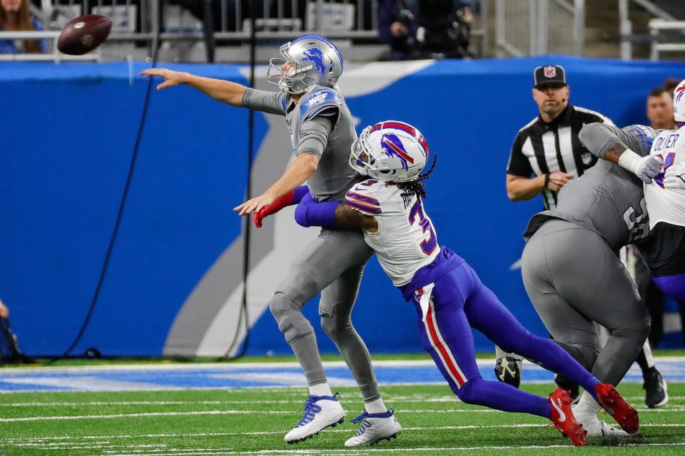 Buffalo Bills safety Damar Hamlin (3) tackles Detroit Lions quarterback Jared Goff (16) during the first half at Ford Field in Detroit on Thursday, Nov. 24, 2022.