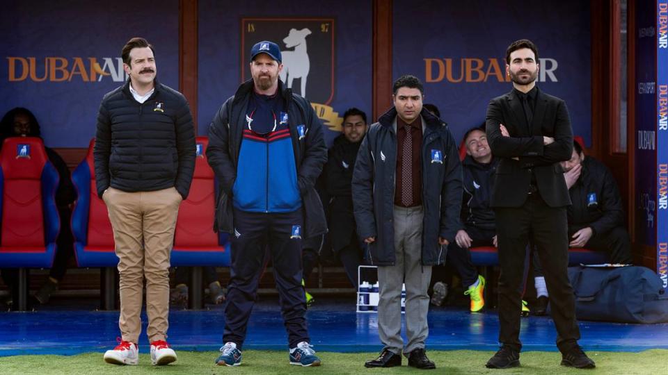 They’re all nominated for Emmy Awards, from left: Jason Sudeikis and his supporting actor co-stars Brendan Hunt, Nick Mohammed and Brett Goldstein.