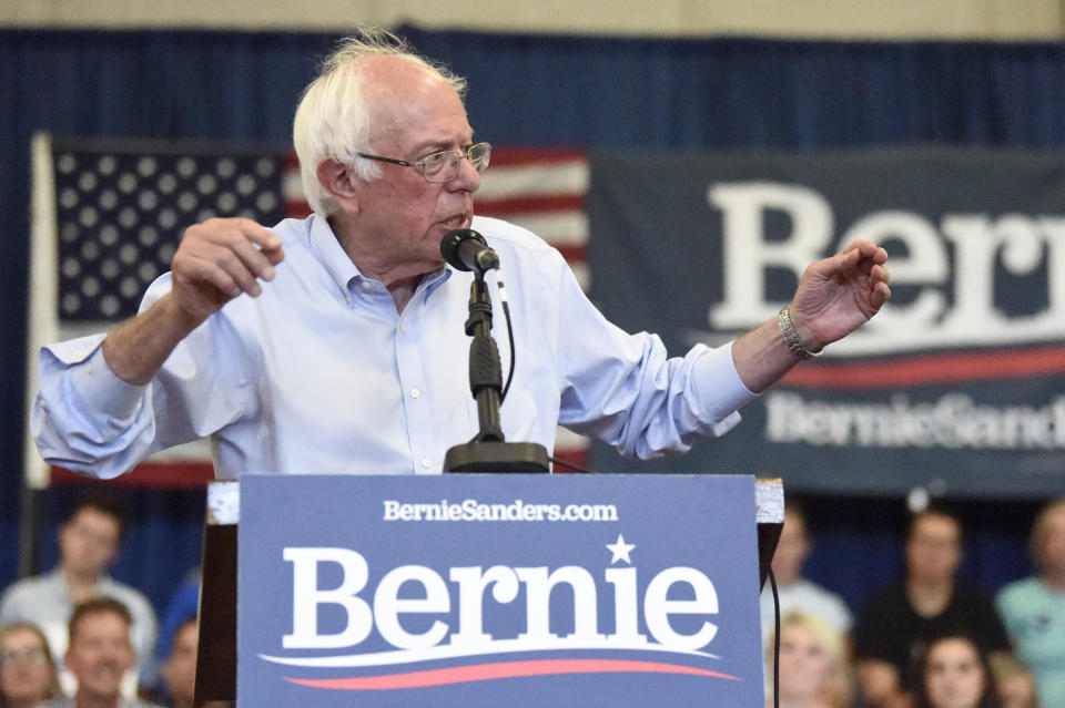 Democratic presidential hopeful Bernie Sanders speaks at the beginning of a town hall meeting to discuss his criminal justice reform plan on Sunday, Aug. 18, 2019, in Columbia, S.C. (AP Photo/Meg Kinnard)