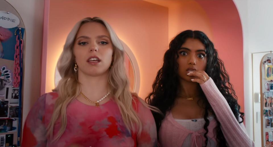 Reneé Rapp as Regina George and Avantika Vandanapu as Karen Shetty in the 2024 version of "Mean Girls."